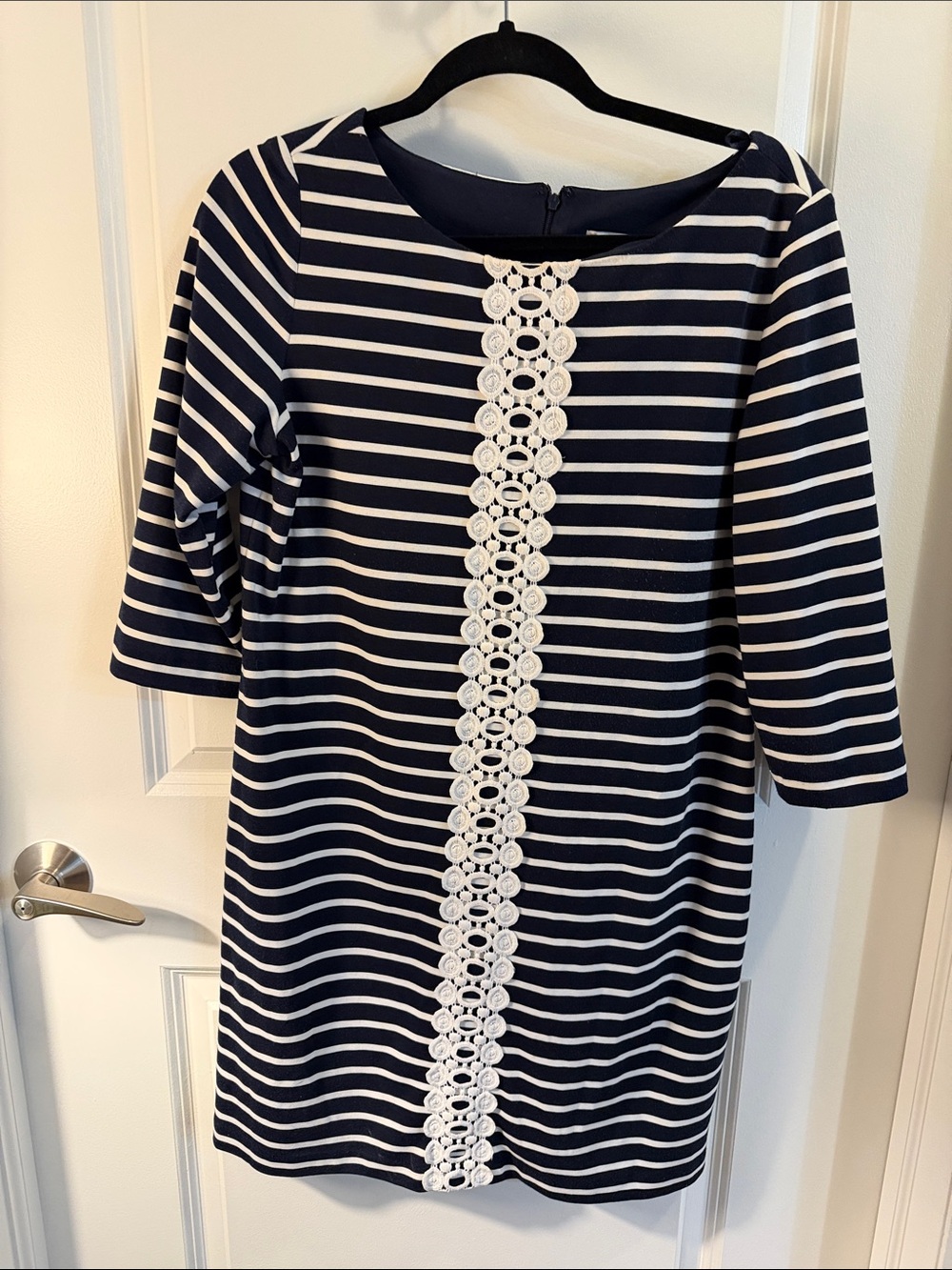 Sandra Darren Navy and White Striped Midi Dress with Center Crochet Trim